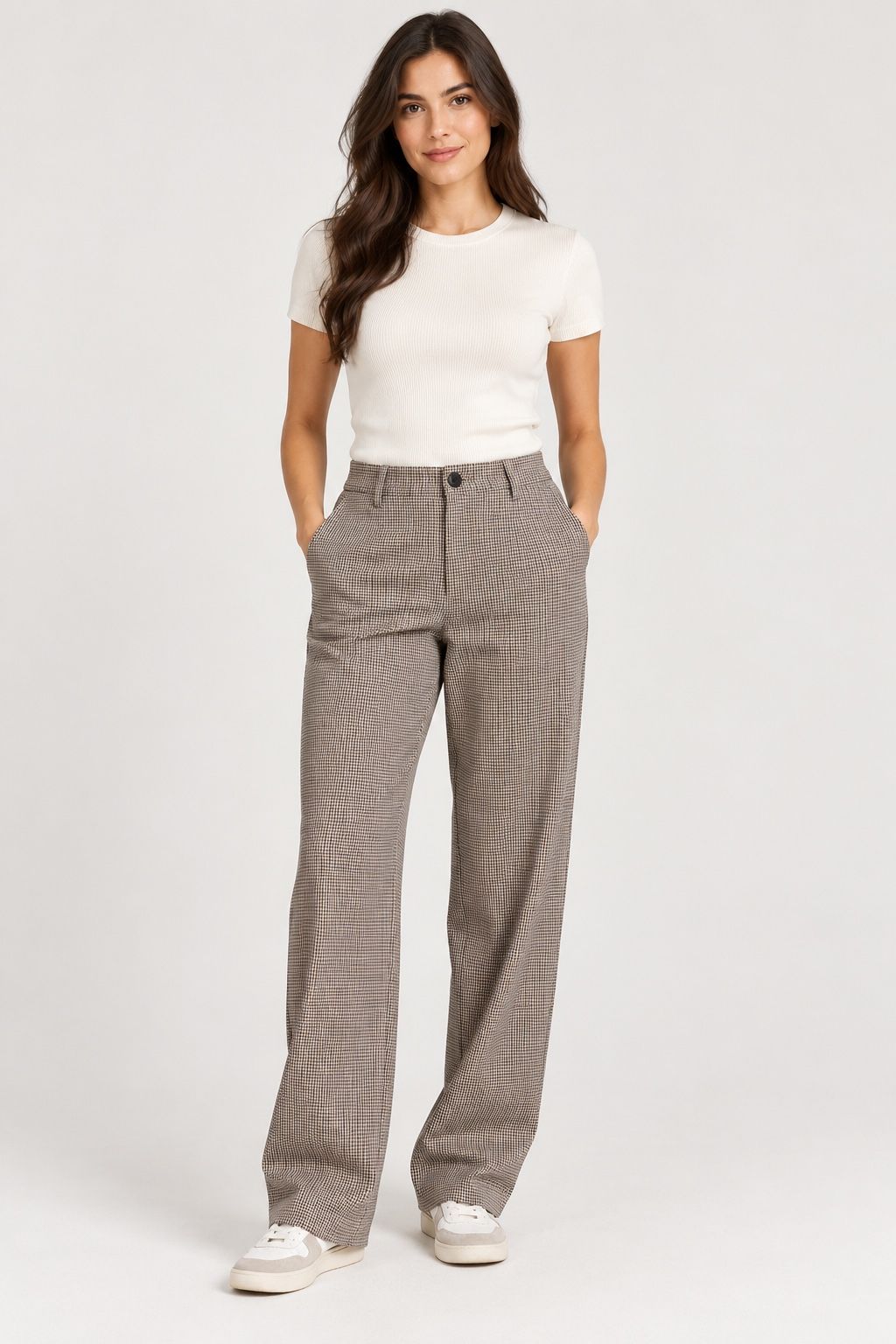 ONLY Tailoring Beige Check Wide-Leg Trousers