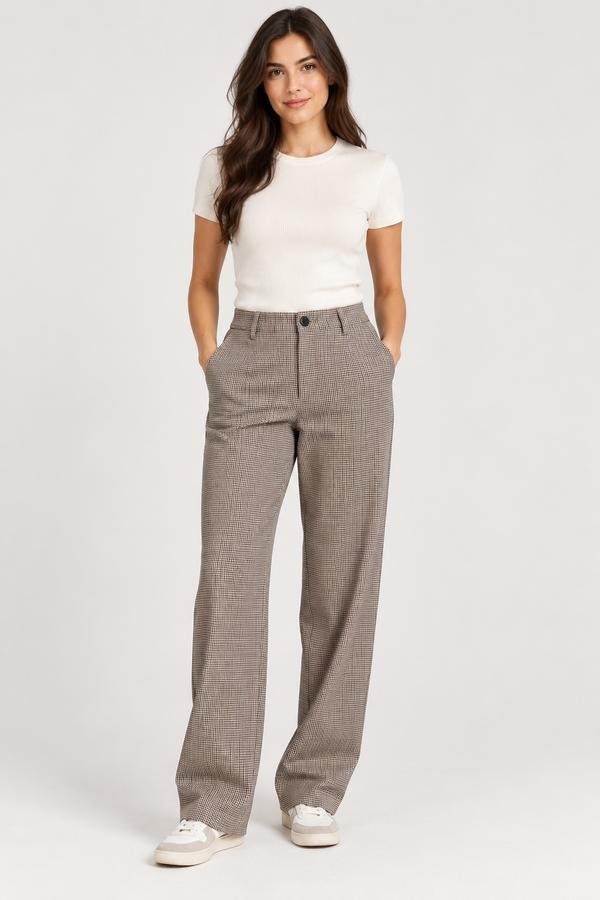 ONLY Tailoring Beige Check Wide-Leg Trousers