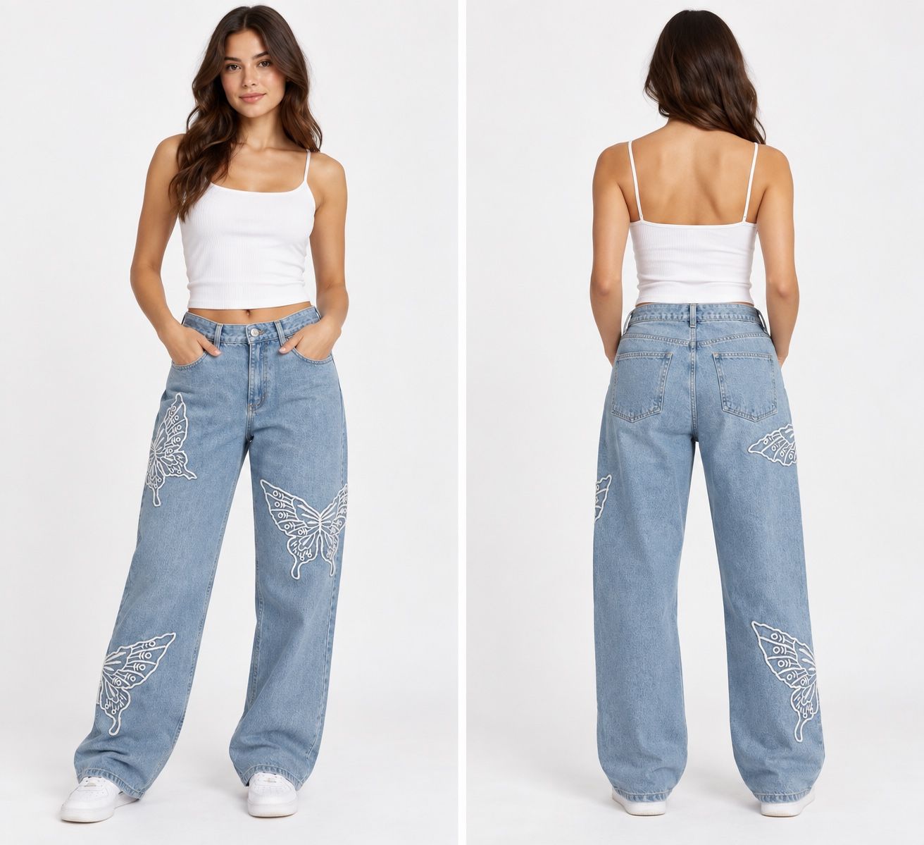 Miss Selfridge Light Blue Butterfly Embroidered Wide-Leg Jeans