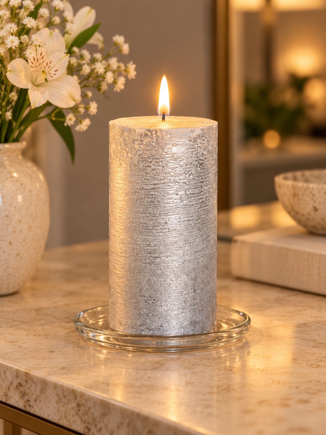 Premium Rustic Silver Pillar Candle, photo 2