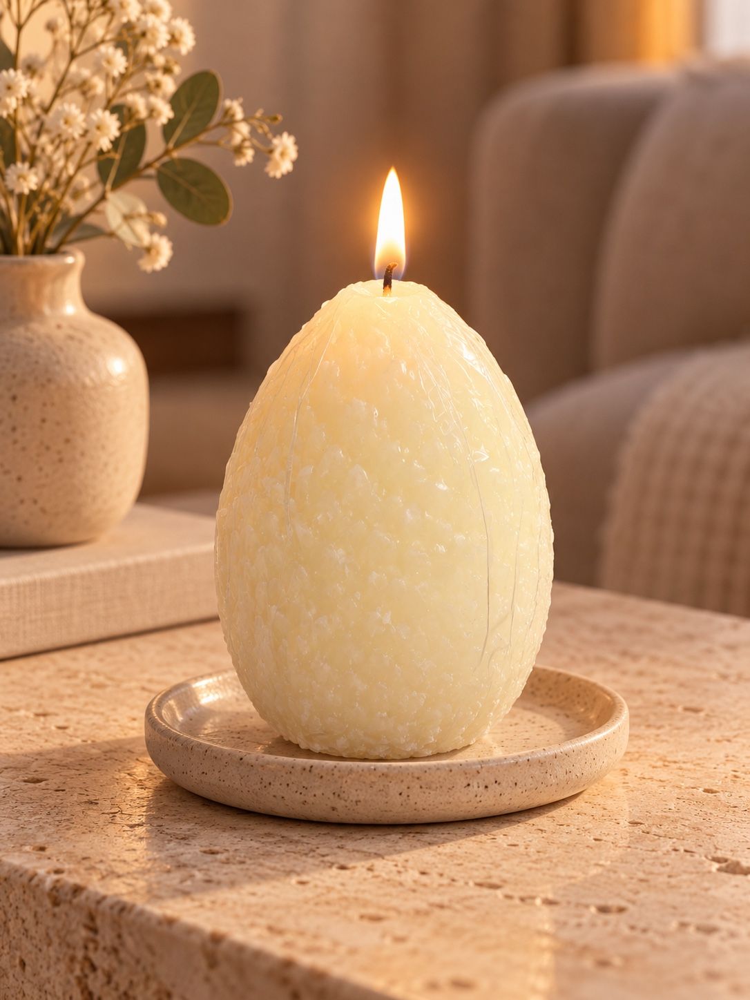 Ivory Egg-Shaped Rustic Decorative Candle, photo 2