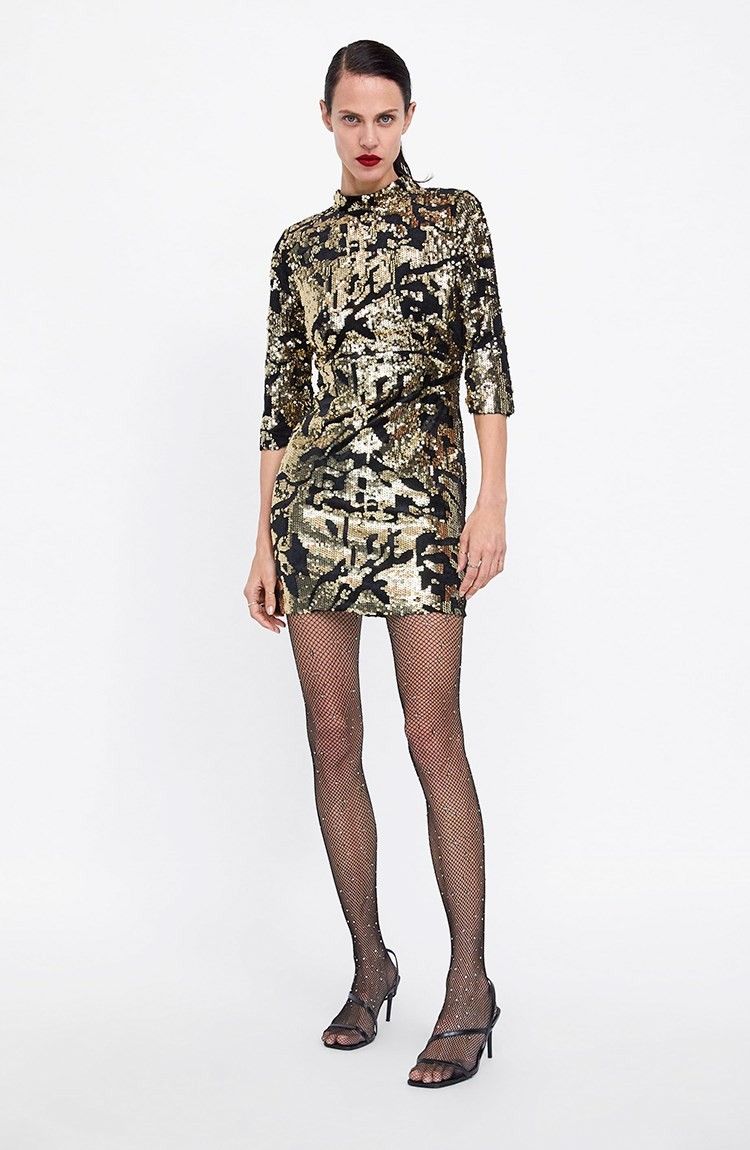 Zara Basic Open Back Velvet Sequin High Neck Mini Dress (Black/Gold)