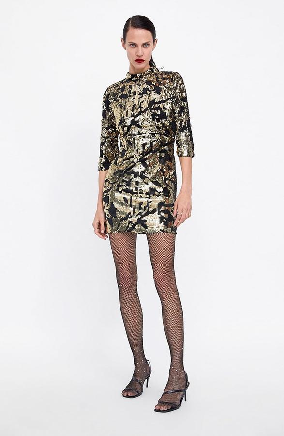 Zara Basic Open Back Velvet Sequin High Neck Mini Dress (Black/Gold)