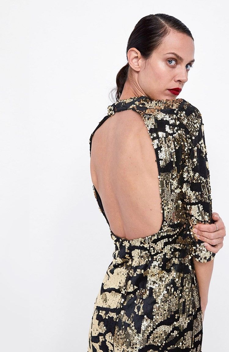 Zara Basic Open Back Velvet Sequin High Neck Mini Dress (Black/Gold), photo 3