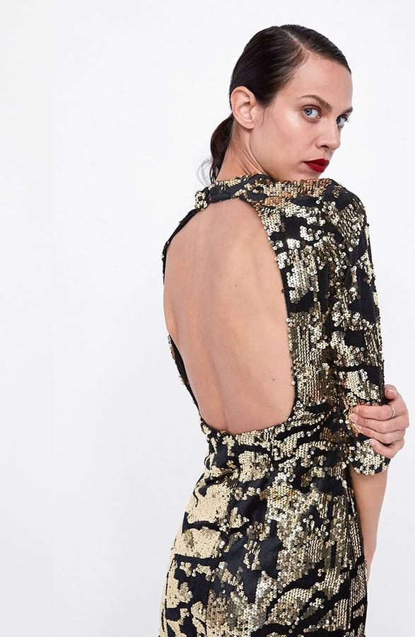 Zara Basic Open Back Velvet Sequin High Neck Mini Dress (Black/Gold), photo 3