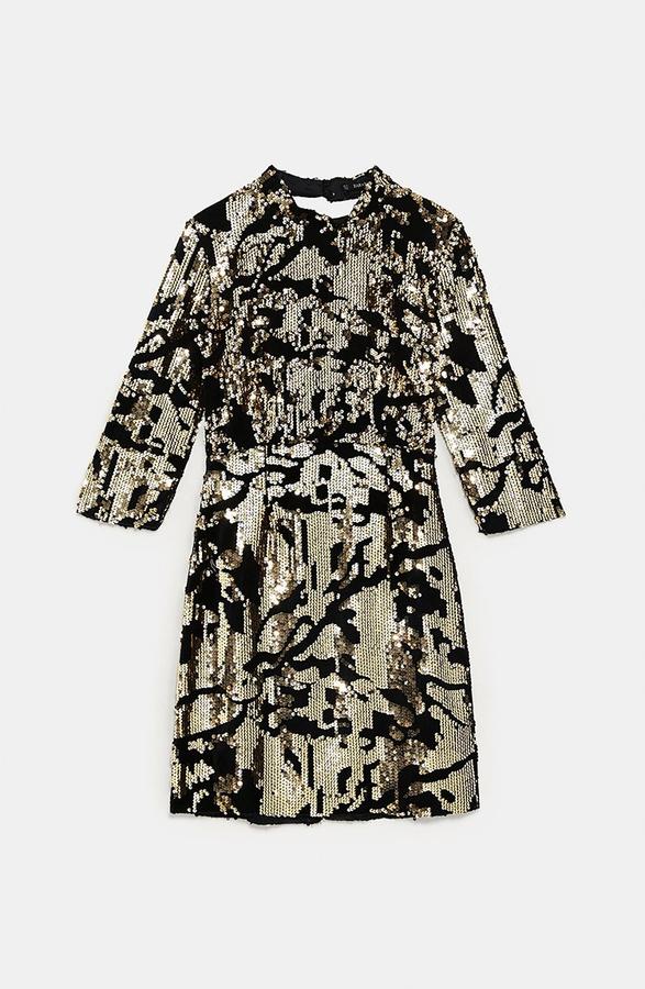 Zara Basic Open Back Velvet Sequin High Neck Mini Dress (Black/Gold), photo 2