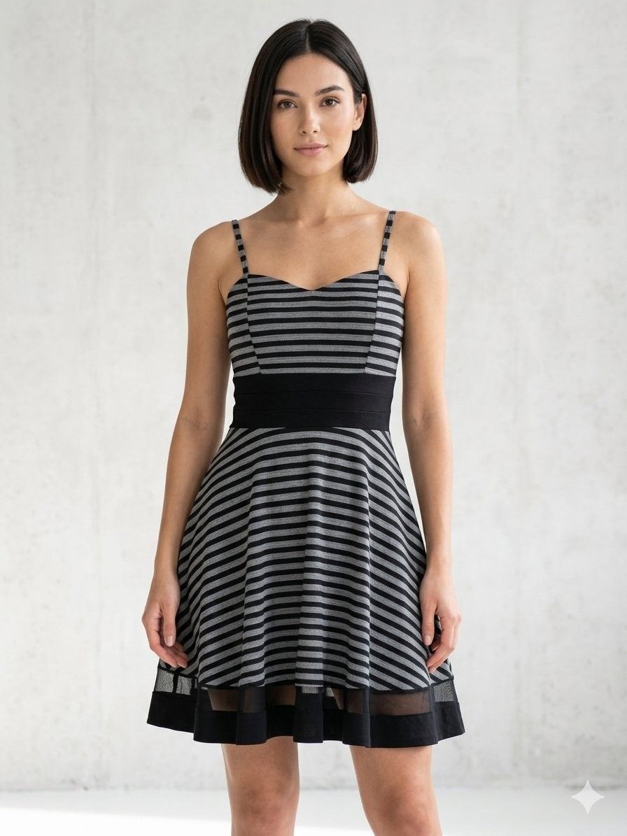 Cache Cache Striped A-Line Skater Dress with Mesh Hem