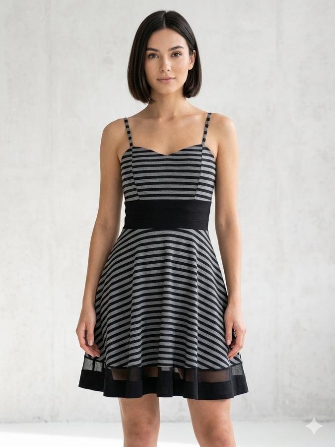 Cache Cache Striped A-Line Skater Dress with Mesh Hem