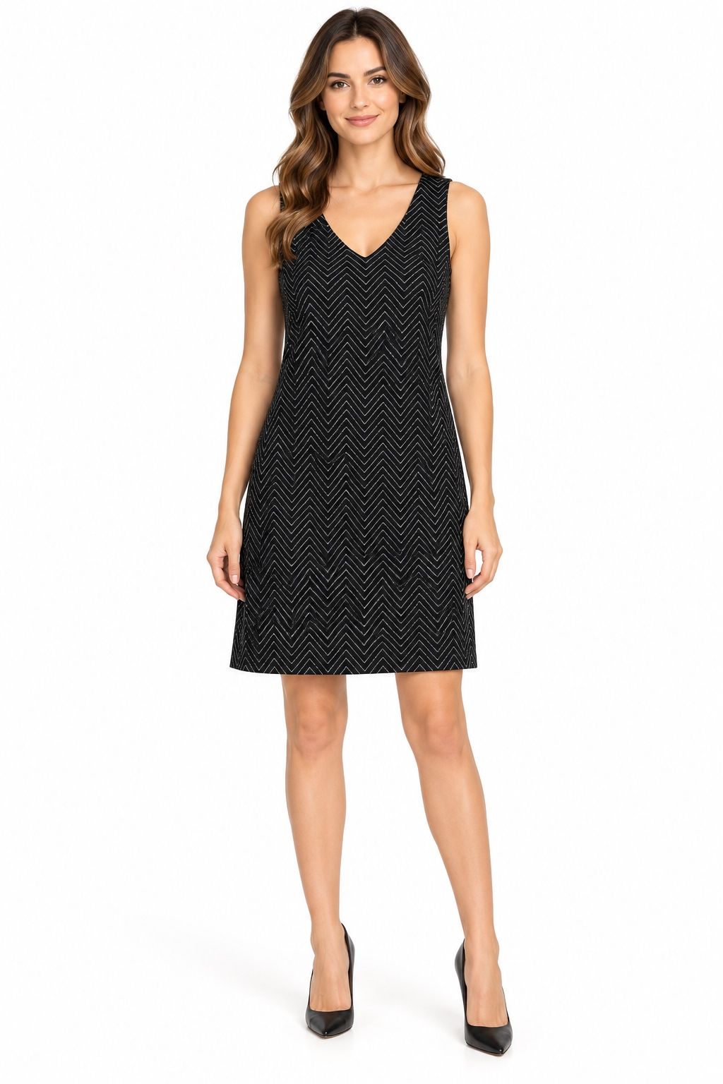 Laura Torelli Black Metallic Chevron Shift Dress