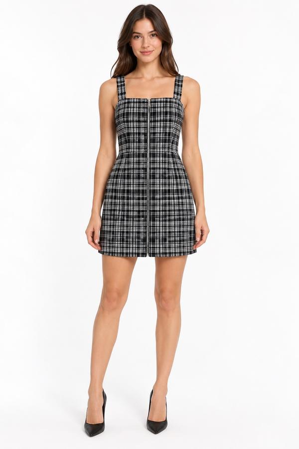 Pimkie Black & White Plaid Zip-Front Mini Dress