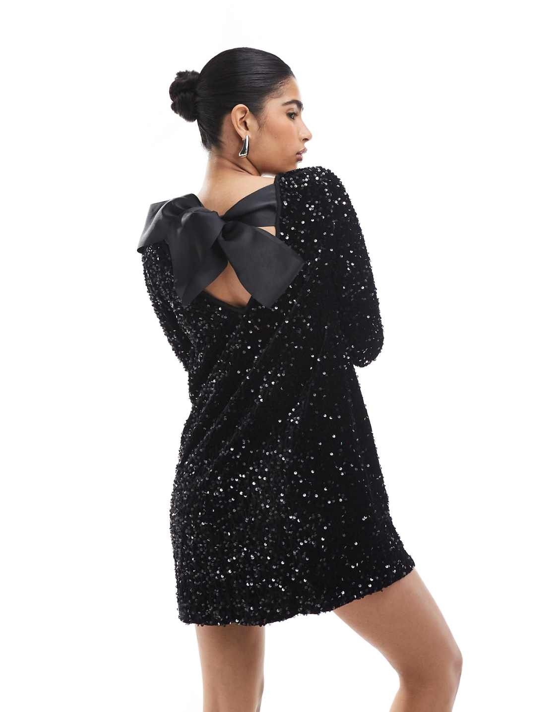 Vero moda sequin back detail bow mini dress in black, photo 4
