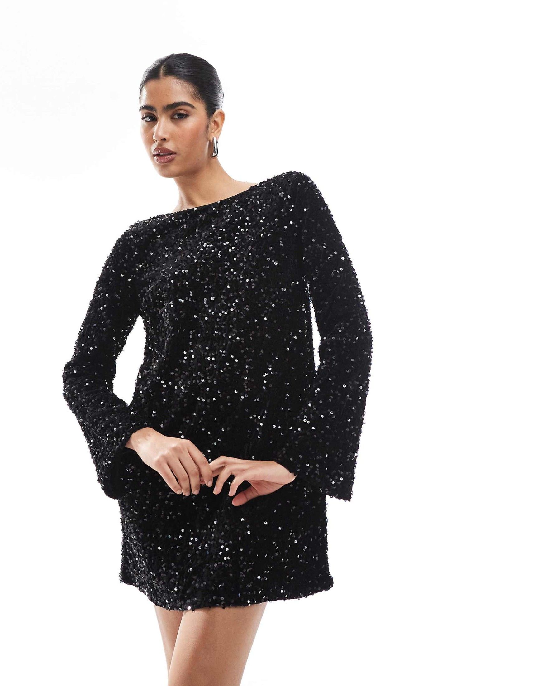 Vero moda sequin back detail bow mini dress in black, photo 3