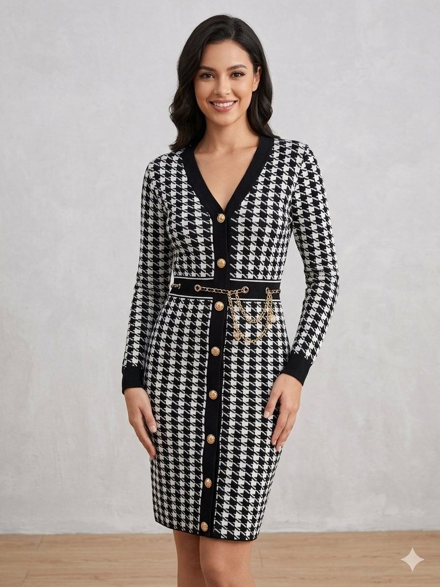 Houndstooth Knit Button-Front Midi Dress with Chain Belt