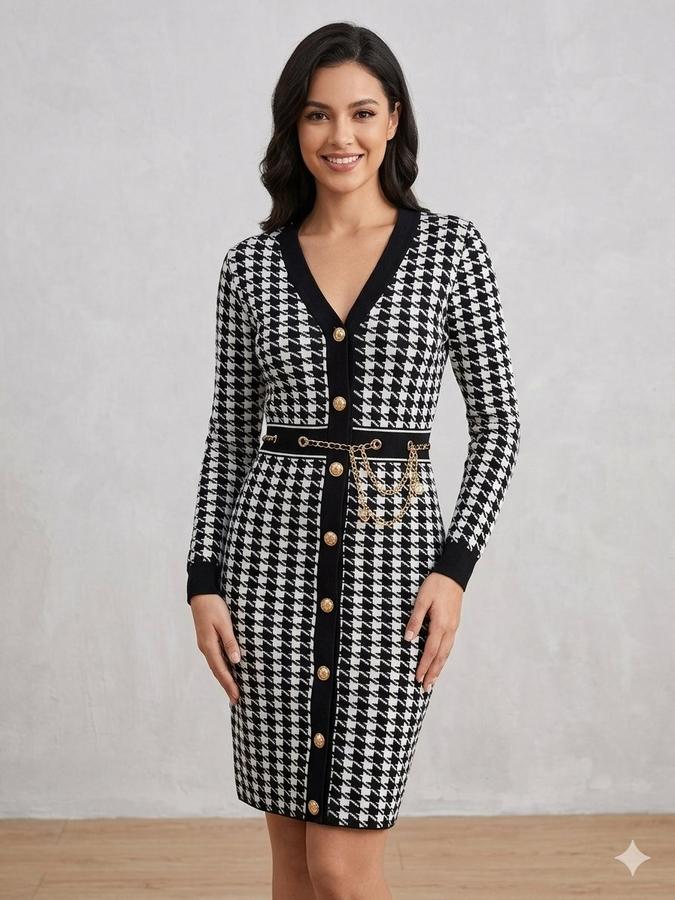 Houndstooth Knit Button-Front Midi Dress with Chain Belt