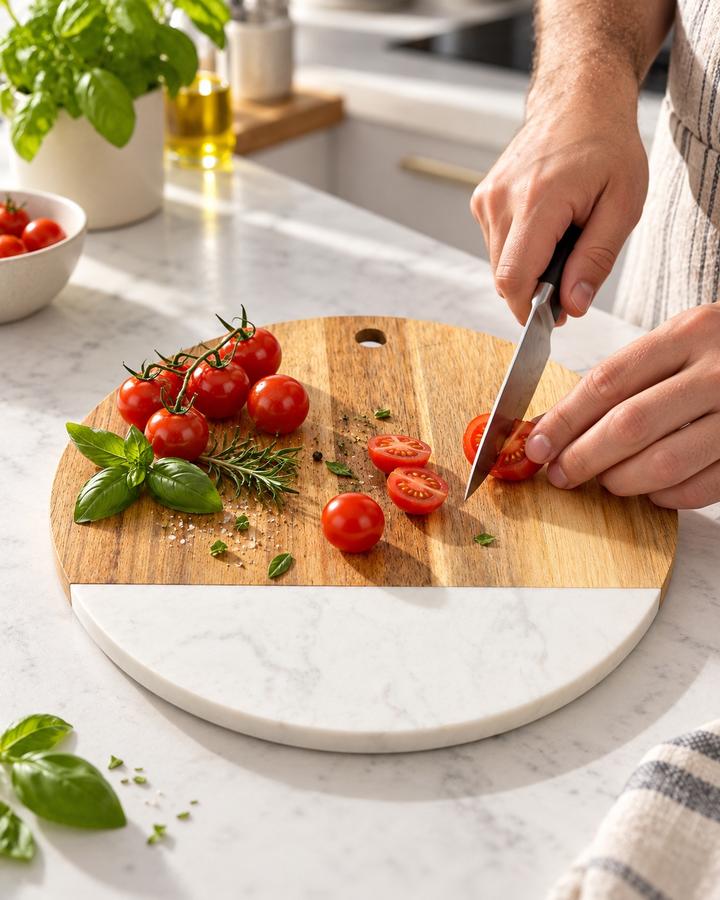 Sansibar Round Acacia Wood & Marble-Effect Cutting Board – 25 cm, photo 2
