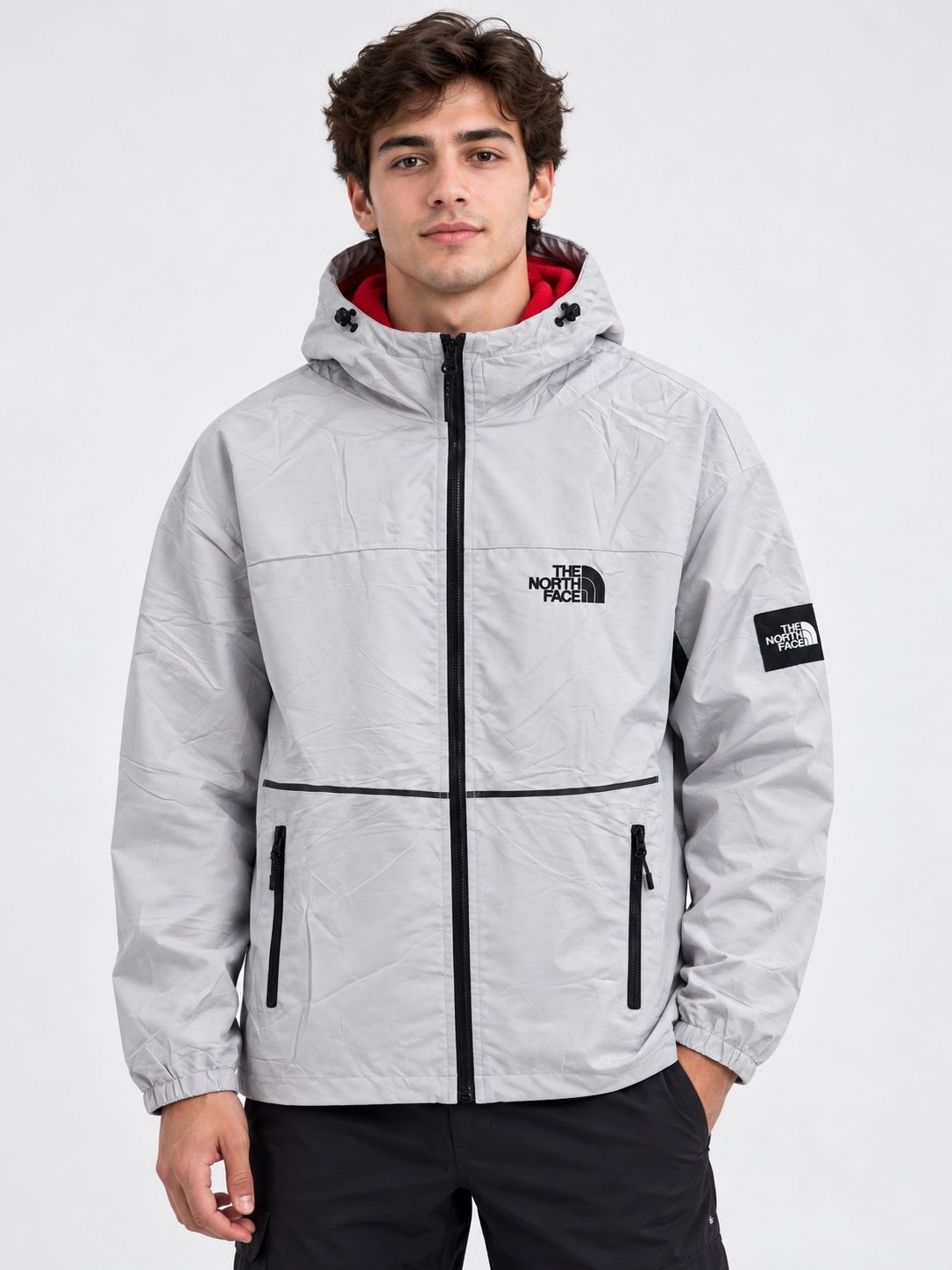 The North Face Men’s Light Gray Hooded Jacket with Red Lining