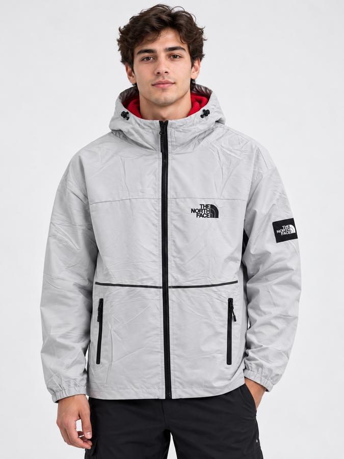 The North Face Men’s Light Gray Hooded Jacket with Red Lining