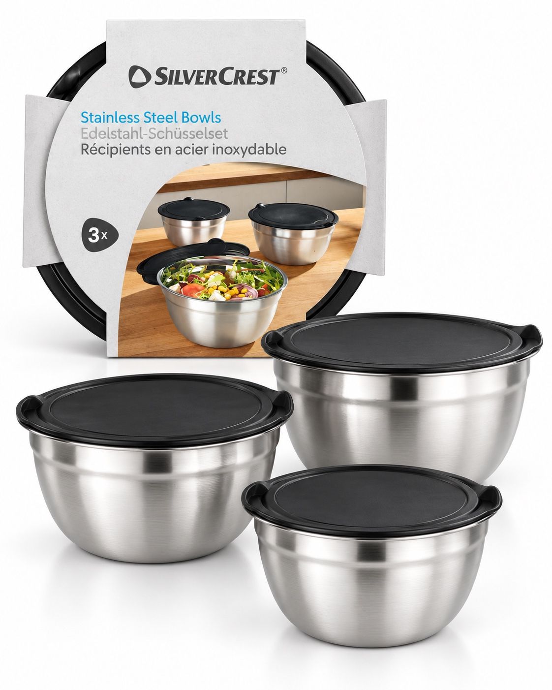 SilverCrest 3-Piece Stainless Steel Bowl Set with Lids