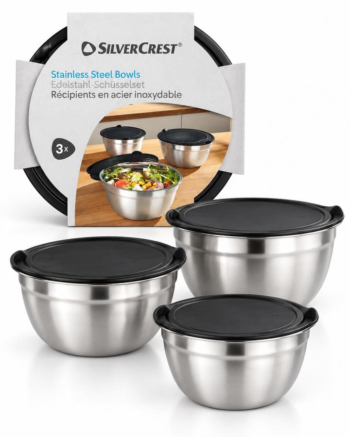 SilverCrest 3-Piece Stainless Steel Bowl Set with Lids