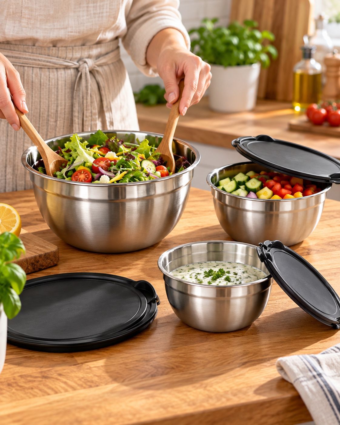 SilverCrest 3-Piece Stainless Steel Bowl Set with Lids, photo 2