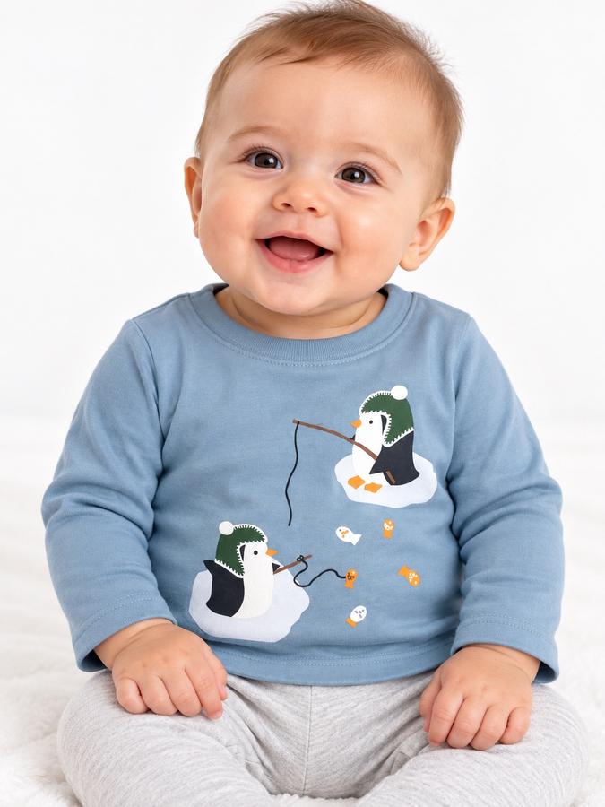 First Impressions Baby Penguin Graphic Long-Sleeve Shirt – Dusty Blue, photo 2