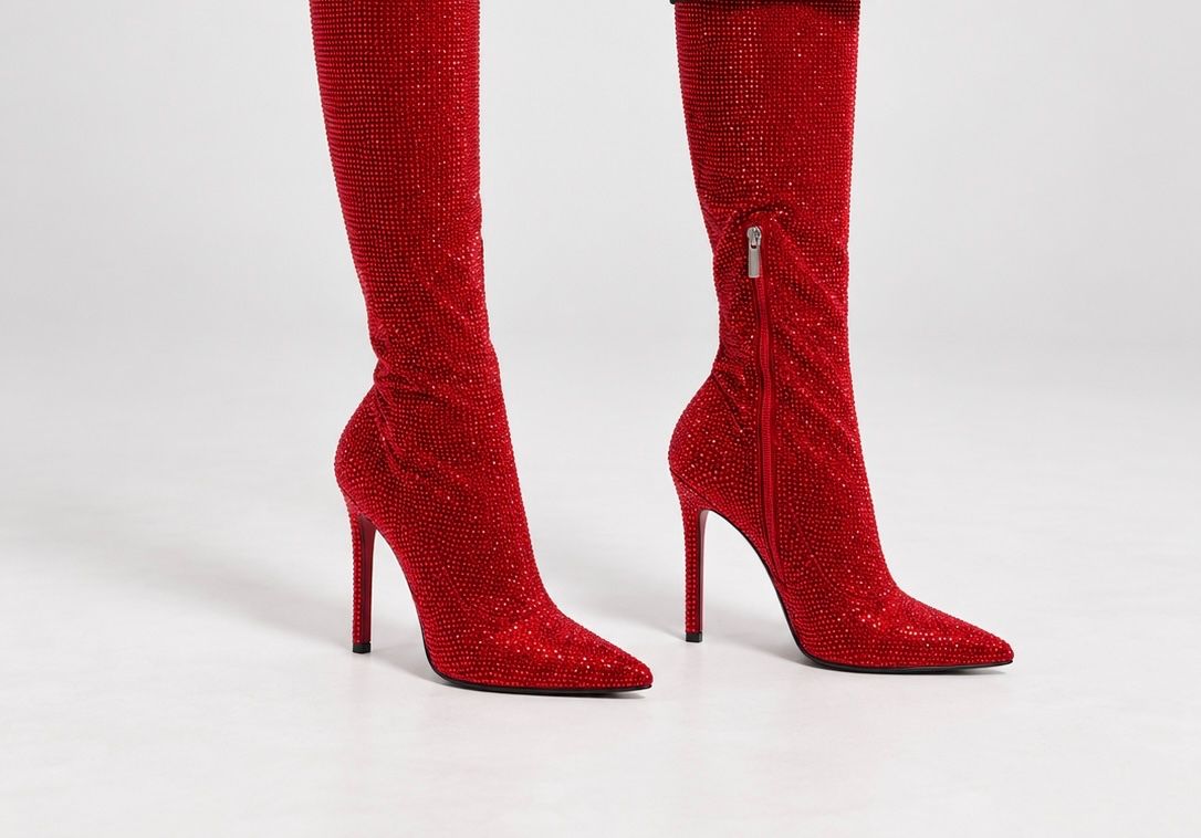 Red Rhinestone Knee-High Pointed-Toe Boots