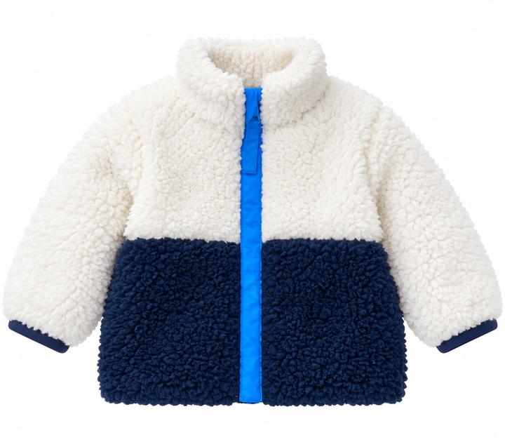 First Impressions Baby Boy Sherpa Jacket – White & Navy
