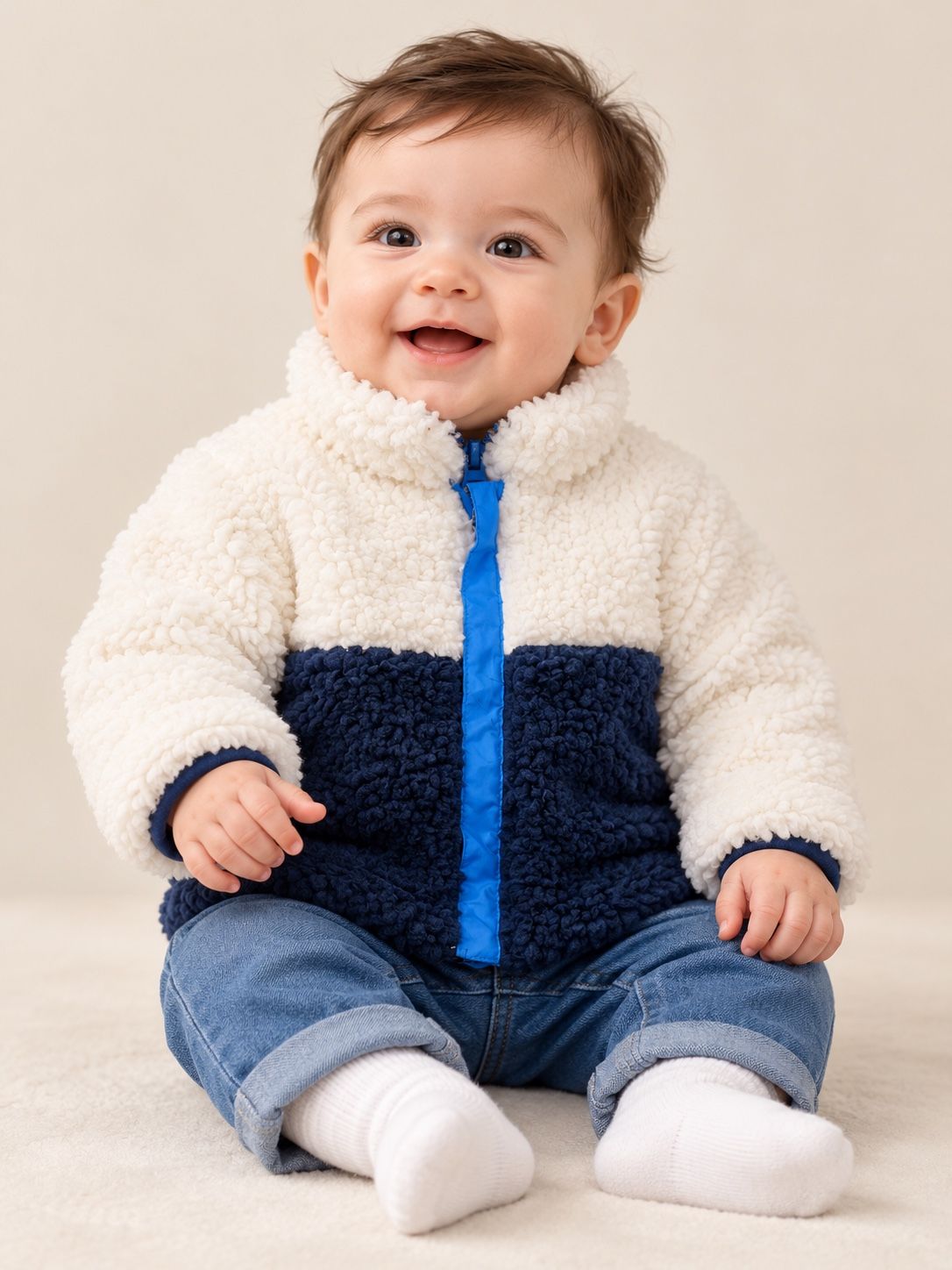 First Impressions Baby Boy Sherpa Jacket – White & Navy, photo 2