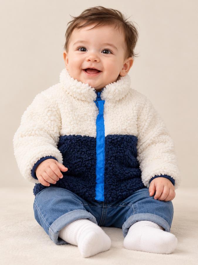 First Impressions Baby Boy Sherpa Jacket – White & Navy, photo 2