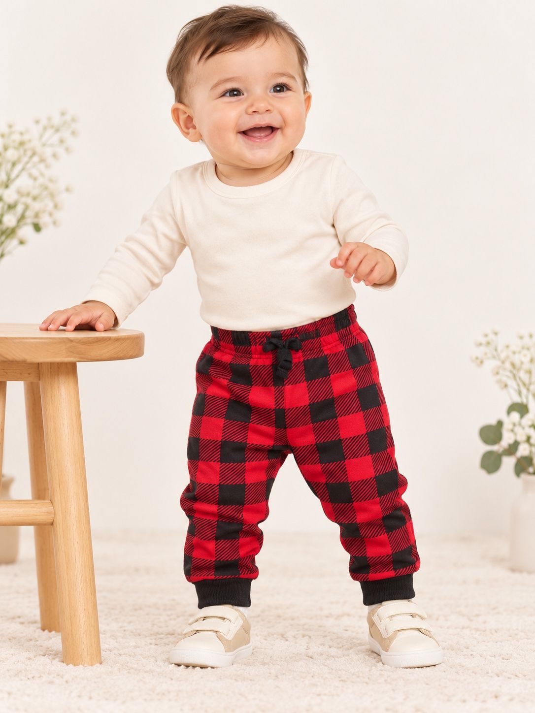 Baby Boy Red & Black Plaid Jogger Pants, photo 2
