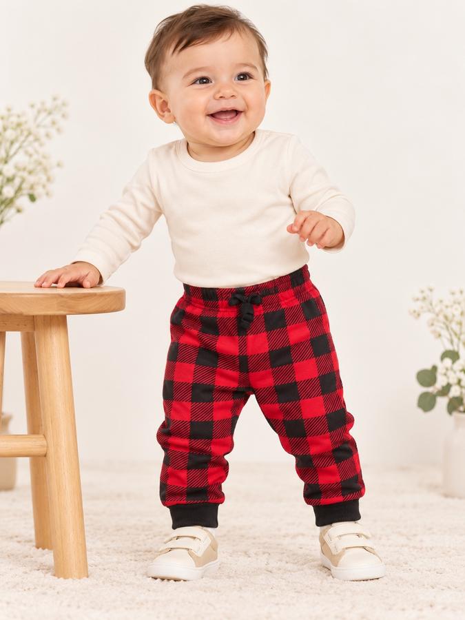 Baby Boy Red & Black Plaid Jogger Pants, photo 2