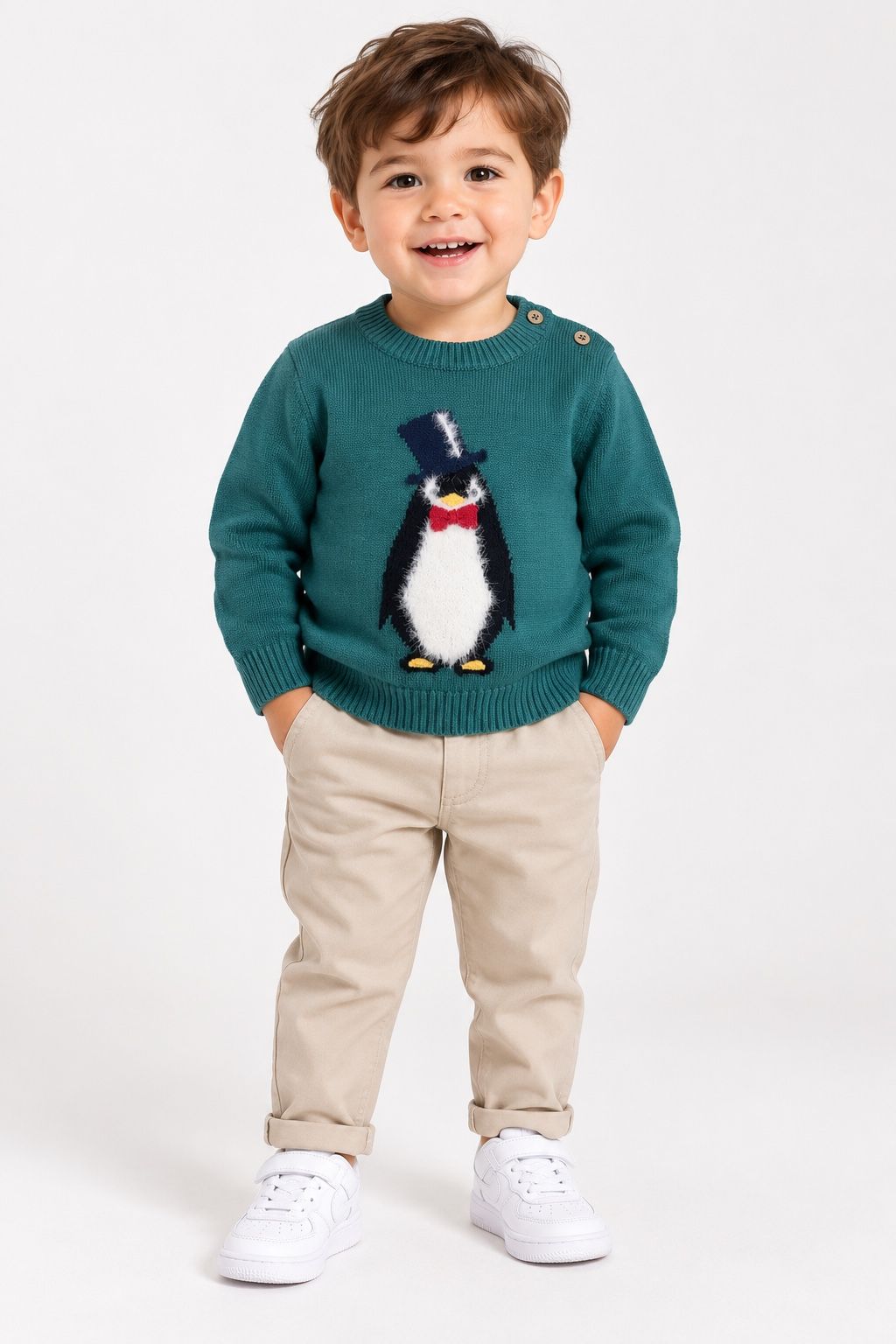 First Impressions Teal Penguin Baby Sweater, photo 2