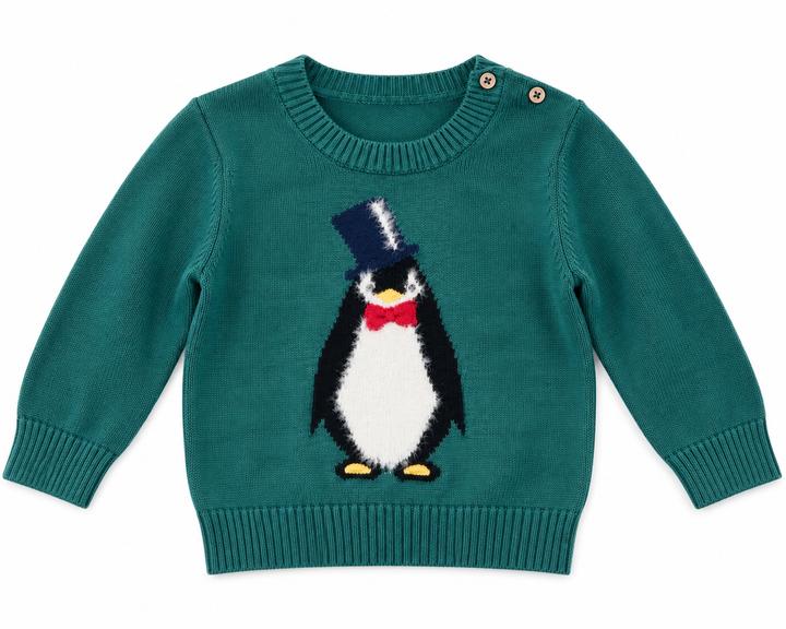 First Impressions Teal Penguin Baby Sweater