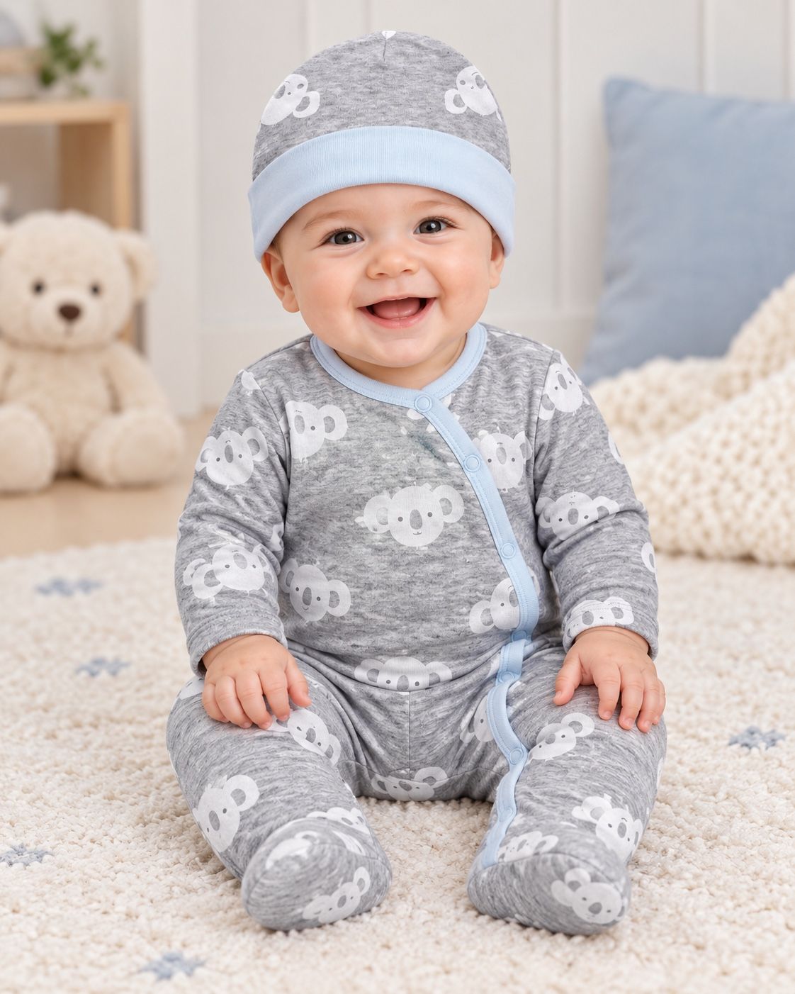 First Impressions Baby Koala Print Footed Sleeper with Matching Cap – 2-Piece Set, photo 3