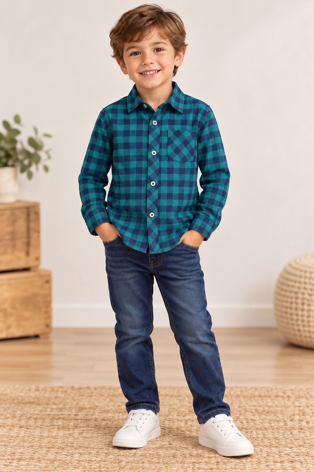 Boys’ Teal and Navy Plaid Button-Up Shirt, photo 2
