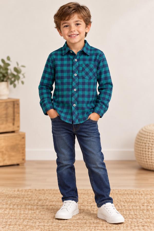 Boys’ Teal and Navy Plaid Button-Up Shirt, photo 2
