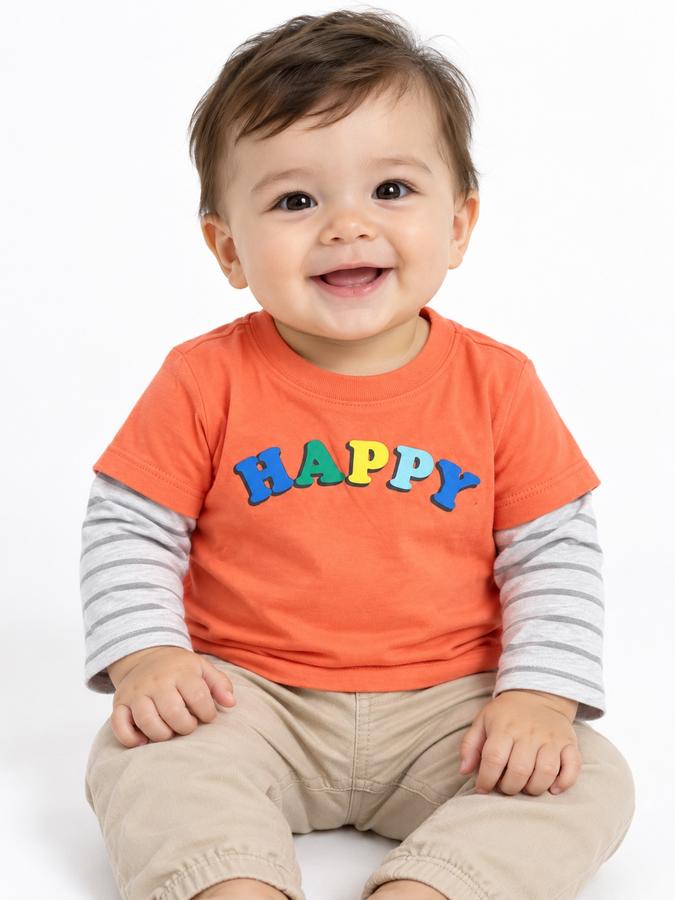 First Impressions Baby “HAPPY” Layered-Look Long-Sleeve Shirt, photo 2
