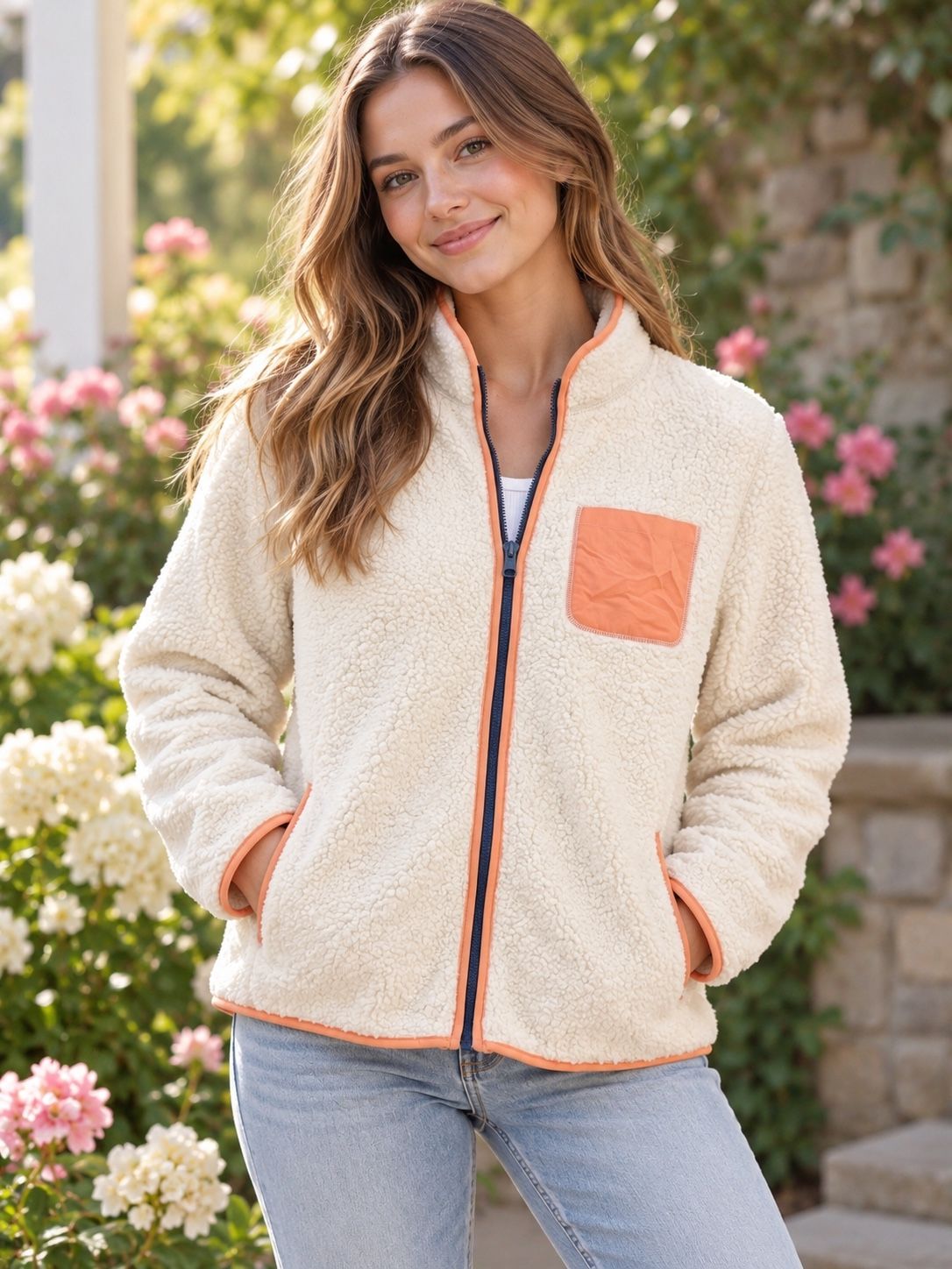 Cat & Jack Ivory Sherpa Fleece Jacket with Peach Trim, photo 2