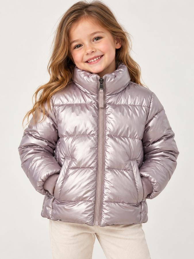 Girls’ Shiny Puffer Jacket – Mauve Silver, photo 2