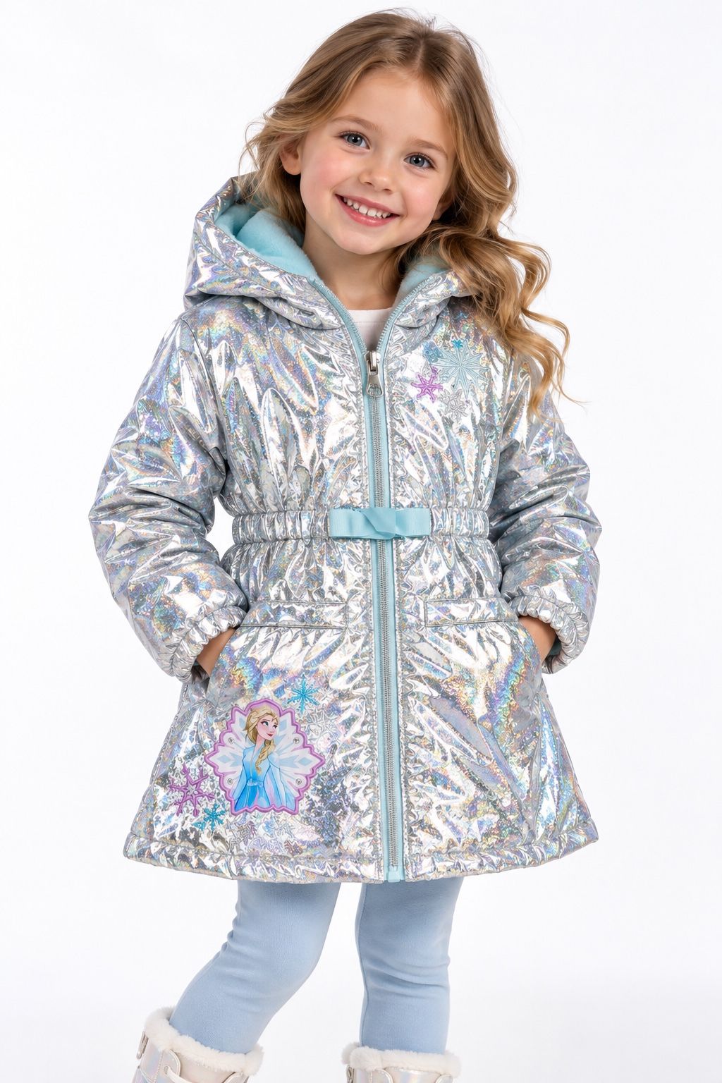 Girls’ Silver Glitter Jacket with Aqua Fleece Lining, photo 2