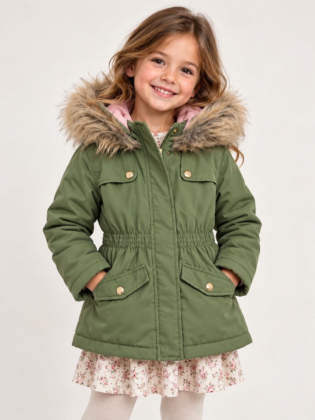 Girls’ Olive Green Faux Fur Hooded Parka, photo 2