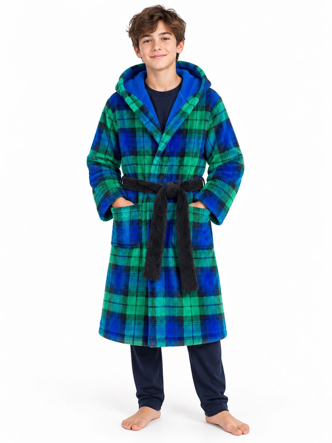 Cat & Jack Boys’ Blue & Green Plaid Hooded Robe, photo 2