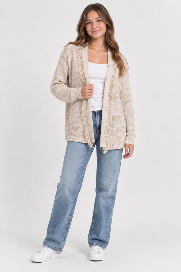 Cat & Jack Girls’ Ivory Marled Fringe Knit Cardigan, photo 2