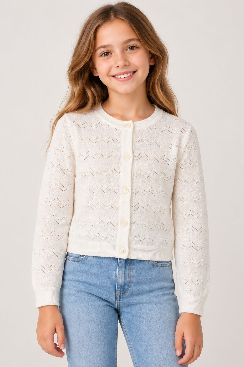 Girls’ Ivory Open-Knit Button-Front Cardigan, photo 2