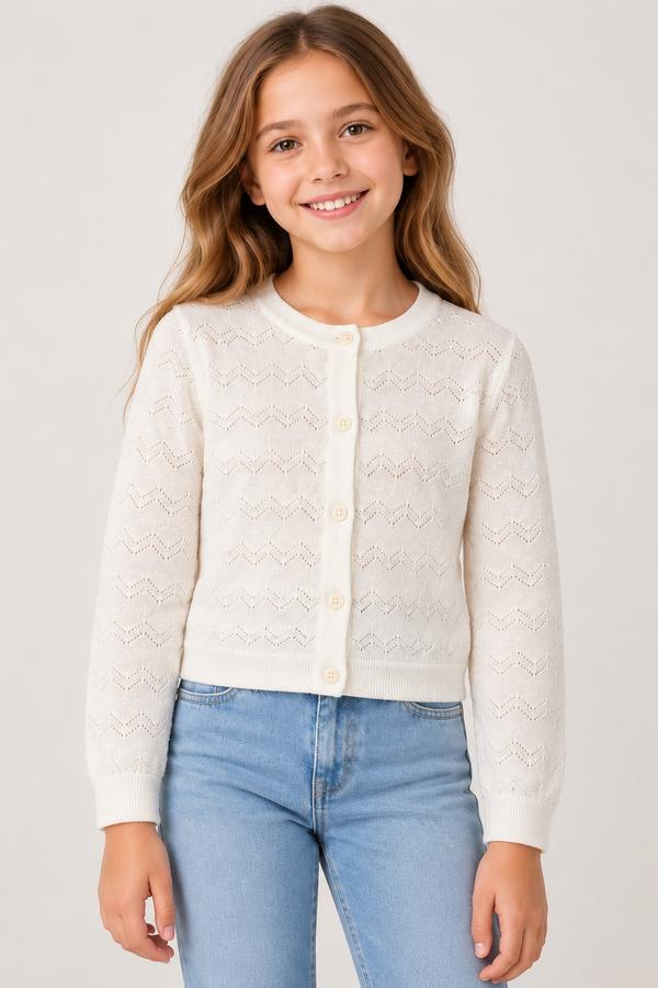 Girls’ Ivory Open-Knit Button-Front Cardigan, photo 2