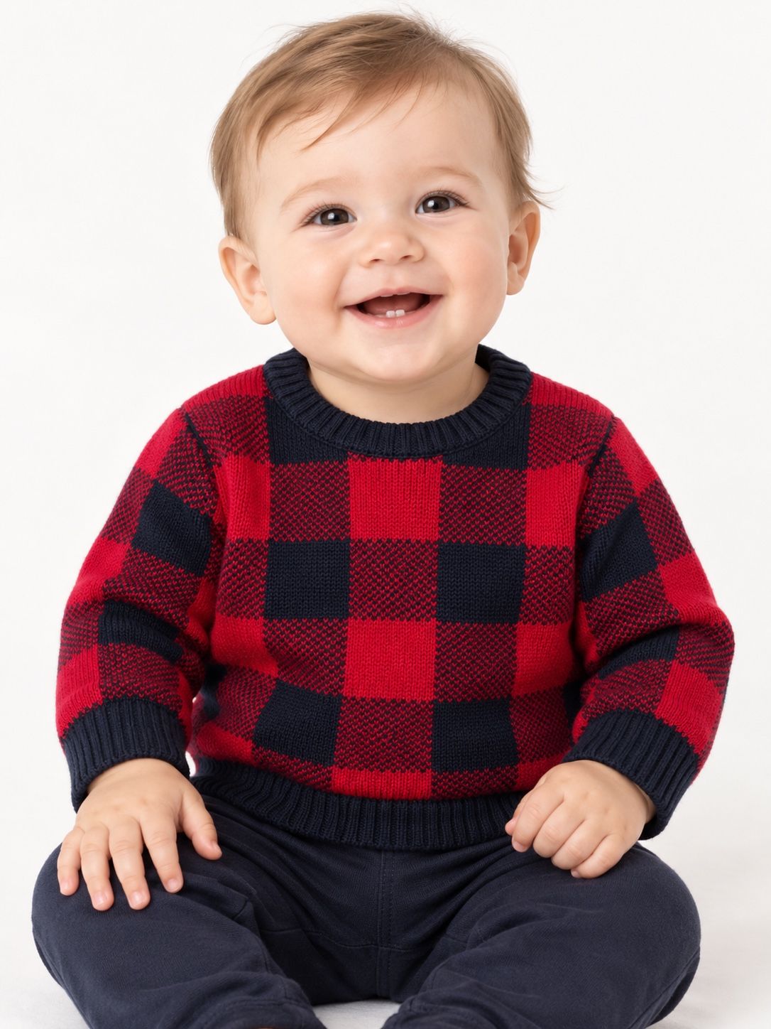 Cat & Jack Red and Navy Buffalo Check Baby Sweater, photo 2