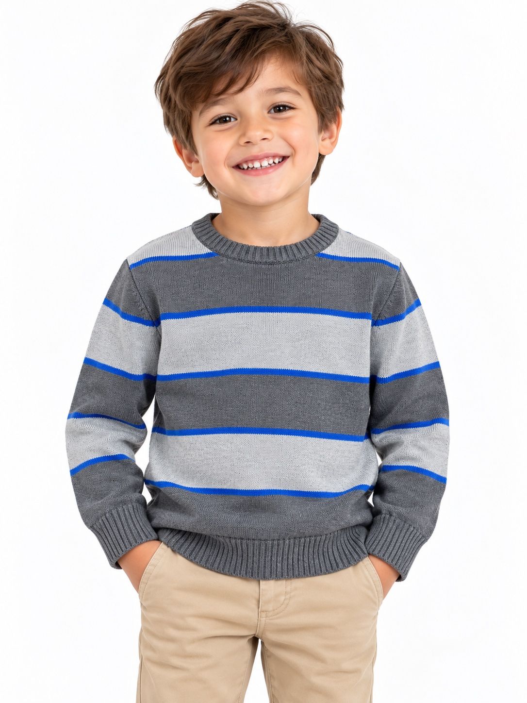 Cozy long-sleeve knit sweater featuring a classic red and navy buffalo check pattern, a crew neckline, and ribbed cuffs and hem, photo 2