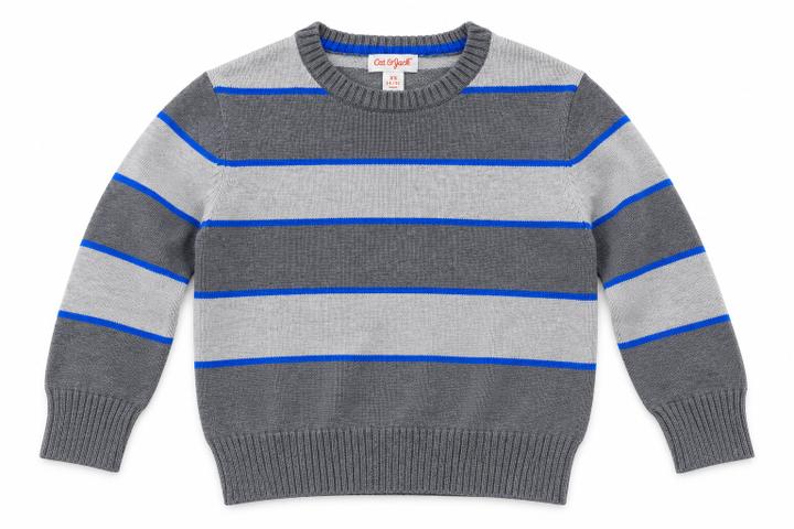Cozy long-sleeve knit sweater featuring a classic red and navy buffalo check pattern, a crew neckline, and ribbed cuffs and hem