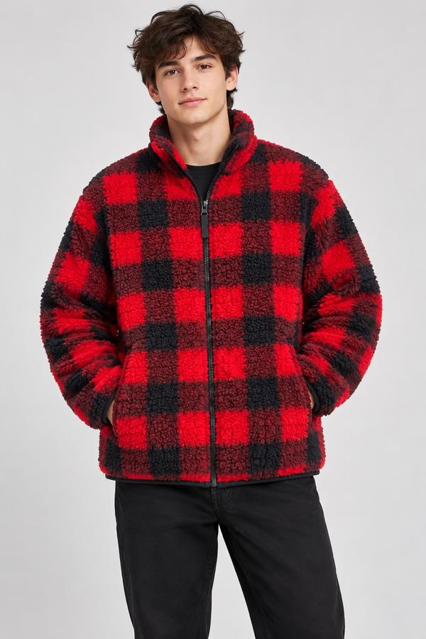 Men’s Red & Black Buffalo Check Sherpa Fleece Jacket, photo 2