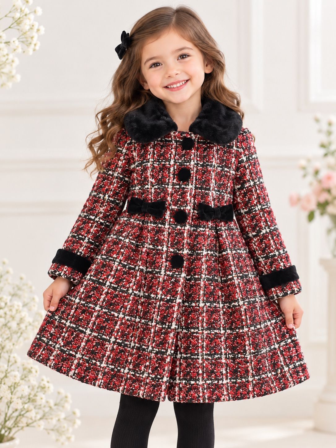 Girls’ Red Tweed Plaid Coat with Faux-Fur Collar, photo 2
